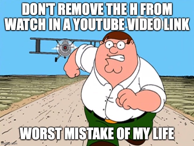 Peter Griffin running away | DON'T REMOVE THE H FROM WATCH IN A YOUTUBE VIDEO LINK; WORST MISTAKE OF MY LIFE | image tagged in peter griffin running away | made w/ Imgflip meme maker