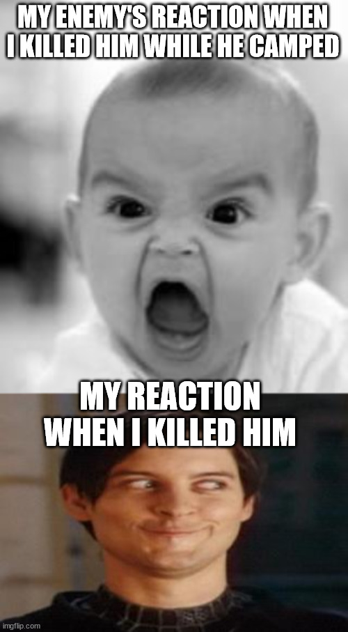MY ENEMY'S REACTION WHEN I KILLED HIM WHILE HE CAMPED; MY REACTION WHEN I KILLED HIM | image tagged in baby rage,killing | made w/ Imgflip meme maker
