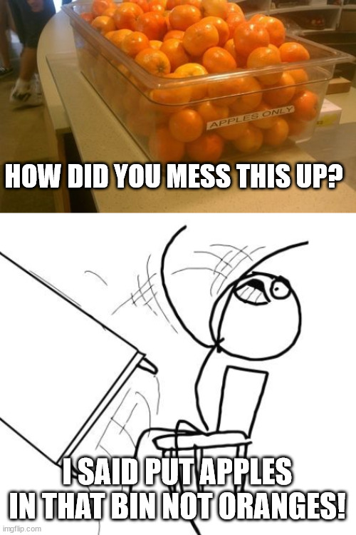 HOW DID YOU MESS THIS UP? I SAID PUT APPLES IN THAT BIN NOT ORANGES! | image tagged in memes,table flip guy | made w/ Imgflip meme maker