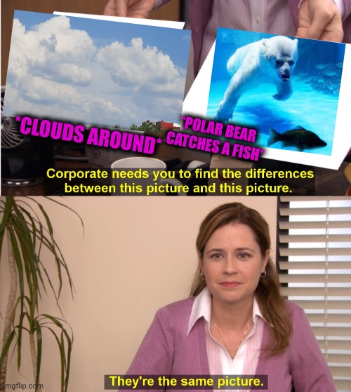 -Hunter from nature. | *CLOUDS AROUND*; *POLAR BEAR CATCHES A FISH* | image tagged in memes,they're the same picture,polar bear,gotta catch em all,fishing for upvotes,totally looks like | made w/ Imgflip meme maker