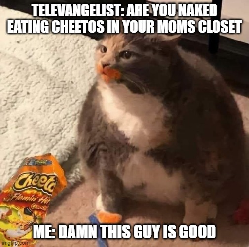 Cheetos | TELEVANGELIST: ARE YOU NAKED EATING CHEETOS IN YOUR MOMS CLOSET; ME: DAMN THIS GUY IS GOOD | image tagged in humor | made w/ Imgflip meme maker