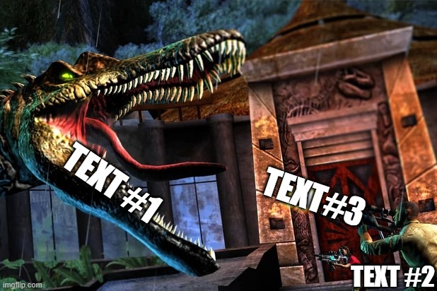 Guy Shooting at Spinosaurus | TEXT #1; TEXT#3; TEXT #2 | image tagged in guy shooting at spinosaurus,jurassic park,dinosaurs | made w/ Imgflip meme maker