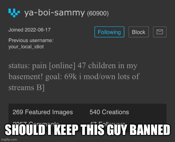 SHOULD I KEEP THIS GUY BANNED | made w/ Imgflip meme maker