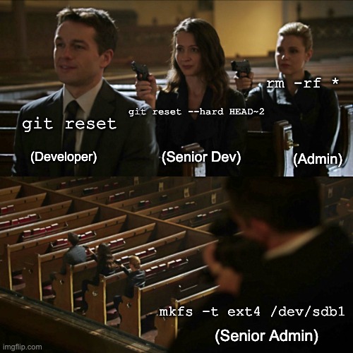Delete vs developer vs admin | rm -rf *; git reset --hard HEAD~2; git reset; (Senior Dev); (Developer); (Admin); mkfs -t ext4 /dev/sdb1; (Senior Admin) | image tagged in assassination chain,linux,development,admin,computer | made w/ Imgflip meme maker