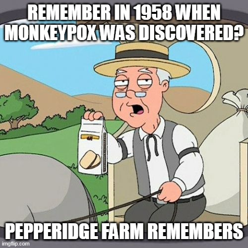 Pepperidge Farm Remembers | REMEMBER IN 1958 WHEN MONKEYPOX WAS DISCOVERED? PEPPERIDGE FARM REMEMBERS | image tagged in memes,pepperidge farm remembers | made w/ Imgflip meme maker