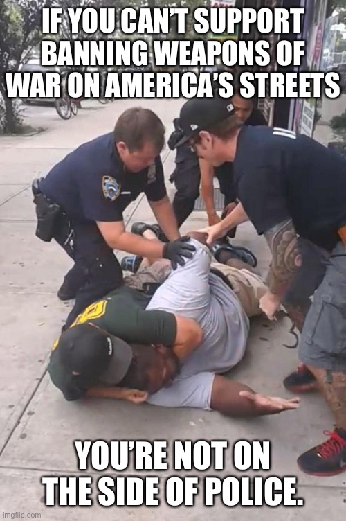 1312 | IF YOU CAN’T SUPPORT BANNING WEAPONS OF WAR ON AMERICA’S STREETS; YOU’RE NOT ON THE SIDE OF POLICE. | image tagged in eric garner can't breathe | made w/ Imgflip meme maker