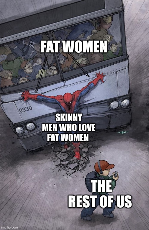 spider-man bus | FAT WOMEN; SKINNY MEN WHO LOVE FAT WOMEN; THE REST OF US | image tagged in spider-man bus | made w/ Imgflip meme maker