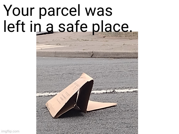 I actually took that picture after I found a parcel in the road | Your parcel was left in a safe place. | image tagged in package,delivery | made w/ Imgflip meme maker
