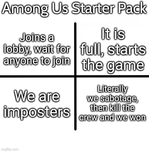 Among Us Starter Pack | Among Us Starter Pack; It is full, starts the game; Joins a lobby, wait for anyone to join; We are imposters; Literally we sabotage, then kill the crew and we won | image tagged in memes,blank starter pack,funny,among us | made w/ Imgflip meme maker
