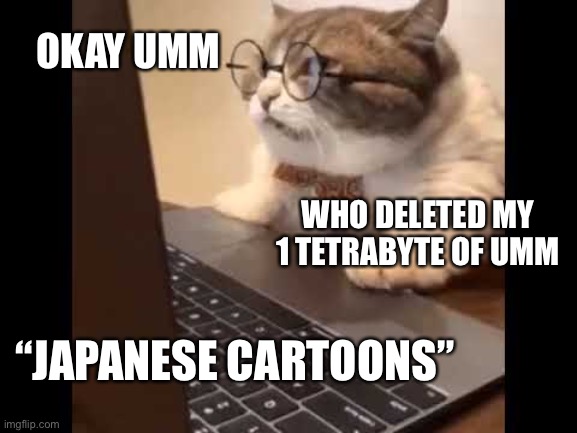 *insert disappointed SpongeBob sound* | OKAY UMM; WHO DELETED MY 1 TETRABYTE OF UMM; “JAPANESE CARTOONS” | image tagged in memes,dank memes,anime,cats,nerd,sus | made w/ Imgflip meme maker