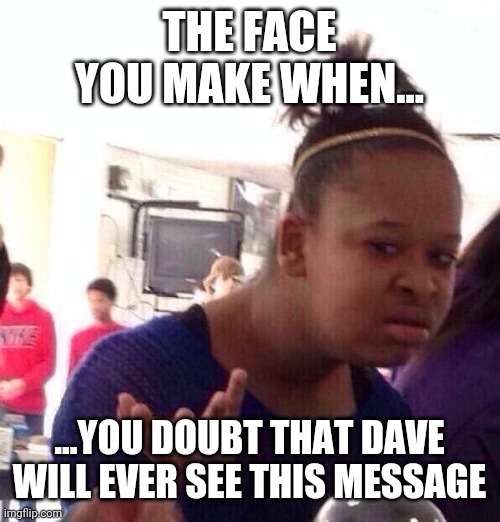 THE FACE YOU MAKE WHEN... ...YOU DOUBT THAT DAVE WILL EVER SEE THIS MESSAGE | image tagged in memes,black girl wat | made w/ Imgflip meme maker