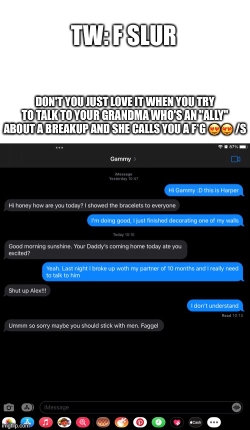 TW: F SLUR; DON'T YOU JUST LOVE IT WHEN YOU TRY TO TALK TO YOUR GRANDMA WHO'S AN "ALLY" ABOUT A BREAKUP AND SHE CALLS YOU A F*G 😍😍 /S | made w/ Imgflip meme maker