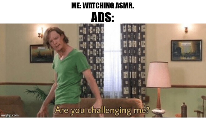 Ads. | ME: WATCHING ASMR. ADS: | image tagged in are you challenging me | made w/ Imgflip meme maker