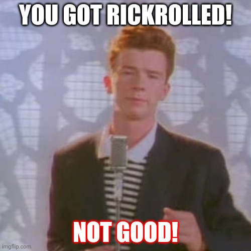 Random memes that i created #5 | YOU GOT RICKROLLED! NOT GOOD! | image tagged in rickrolled,memes,not really a gif | made w/ Imgflip meme maker