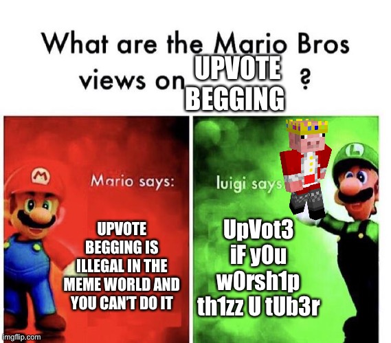 Do not upvote beg |  UPVOTE BEGGING; UPVOTE BEGGING IS ILLEGAL IN THE MEME WORLD AND YOU CAN’T DO IT; UpVot3 iF y0u w0rsh1p th1zz U tUb3r | image tagged in mario bros views | made w/ Imgflip meme maker