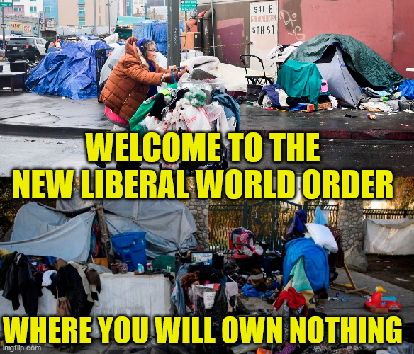 Coming to your neighborhood... | WELCOME TO THE NEW LIBERAL WORLD ORDER; WHERE YOU WILL OWN NOTHING | image tagged in liberal,nwo | made w/ Imgflip meme maker