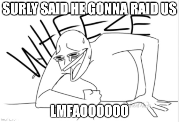 wheeze | SURLY SAID HE GONNA RAID US; LMFAOOOOOO | image tagged in wheeze | made w/ Imgflip meme maker