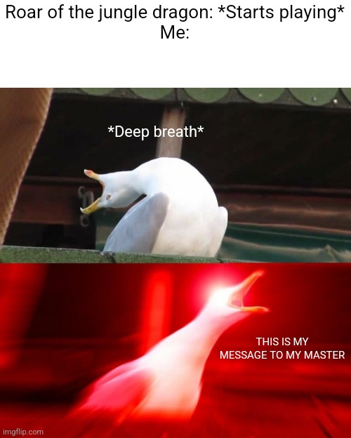 THIS IS A FIGHT YOU CAN NOT WIN!!! | Roar of the jungle dragon: *Starts playing*
Me:; *Deep breath*; THIS IS MY MESSAGE TO MY MASTER | image tagged in boy seagull | made w/ Imgflip meme maker