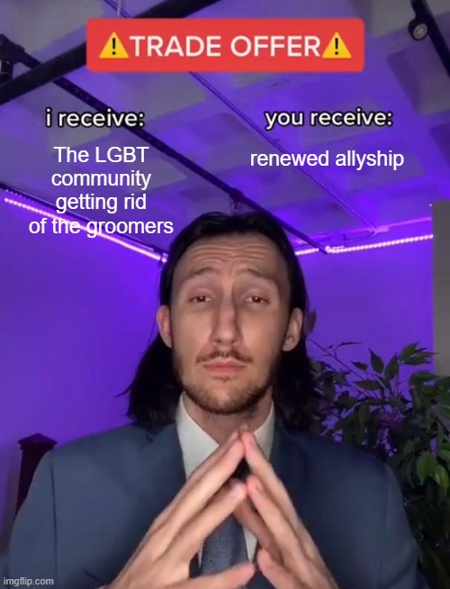 Trade Offer | The LGBT community getting rid of the groomers renewed allyship | image tagged in trade offer | made w/ Imgflip meme maker