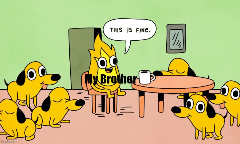 He has 4 dogs now | My Brother | image tagged in this is fine but reversed,dogs | made w/ Imgflip meme maker