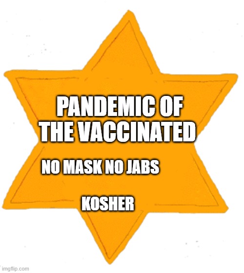 Unvaccinated Star Patch | PANDEMIC OF THE VACCINATED; NO MASK NO JABS                                KOSHER | image tagged in unvaccinated star patch | made w/ Imgflip meme maker