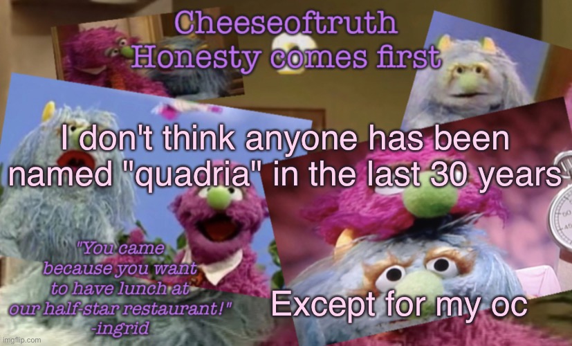 Cheeseoftruth's other other temp | I don't think anyone has been named "quadria" in the last 30 years; Except for my oc | image tagged in cheeseoftruth's other other temp | made w/ Imgflip meme maker