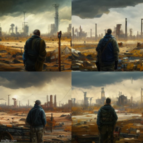 The AI imaginary is getting smarter by the day. Guy looing in the distance to see a Post apocalyptic wasteland | made w/ Imgflip meme maker
