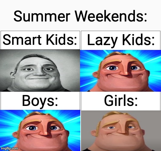 I'm done with typing the same thing so here it is | Summer Weekends:; Smart Kids:; Lazy Kids:; Boys:; Girls: | image tagged in memes,blank comic panel 2x2 | made w/ Imgflip meme maker
