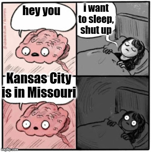 Some1 noticed that? | i want to sleep, shut up; hey you; Kansas City is in Missouri | image tagged in brain before sleep | made w/ Imgflip meme maker