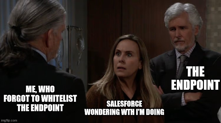 Salesforce API callout fail | THE ENDPOINT; ME, WHO FORGOT TO WHITELIST THE ENDPOINT; SALESFORCE WONDERING WTH I'M DOING | image tagged in soap wut,salesforce,api,endpoint,webservice,web service | made w/ Imgflip meme maker