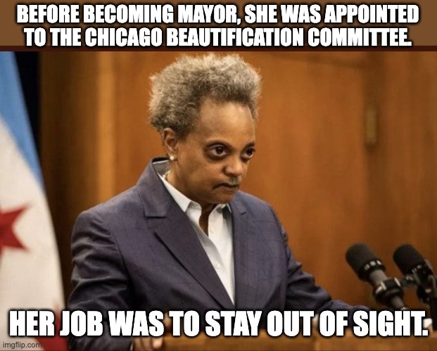 Chicago Mayor | BEFORE BECOMING MAYOR, SHE WAS APPOINTED TO THE CHICAGO BEAUTIFICATION COMMITTEE. HER JOB WAS TO STAY OUT OF SIGHT. | image tagged in lori lightfoot | made w/ Imgflip meme maker