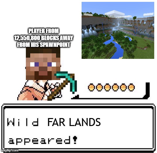 Blank Wild Pokemon Appears | PLAYER FROM 12,550,800 BLOCKS AWAY FROM HIS SPAWNPOINT; FAR LANDS | image tagged in blank wild pokemon appears | made w/ Imgflip meme maker