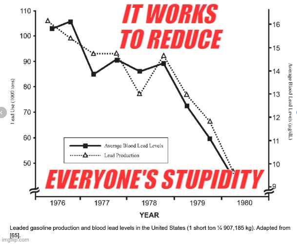 Environmental regulations save lives (cue REEing in P-stream comments) | IT WORKS
TO REDUCE; EVERYONE'S STUPIDITY | image tagged in lead,poison,environmental protection agency,regulations,environment,air | made w/ Imgflip meme maker