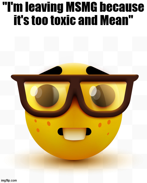 Nerd emoji | "I'm leaving MSMG because it's too toxic and Mean" | image tagged in nerd emoji | made w/ Imgflip meme maker