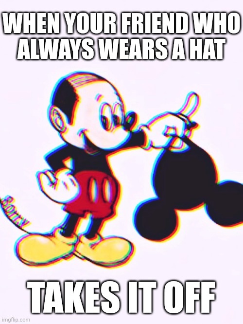 Your Friend Finally Takes His Hat Off | WHEN YOUR FRIEND WHO
ALWAYS WEARS A HAT; TAKES IT OFF | image tagged in mickey mouse,always wears hat,friend,takes hat off,disney | made w/ Imgflip meme maker