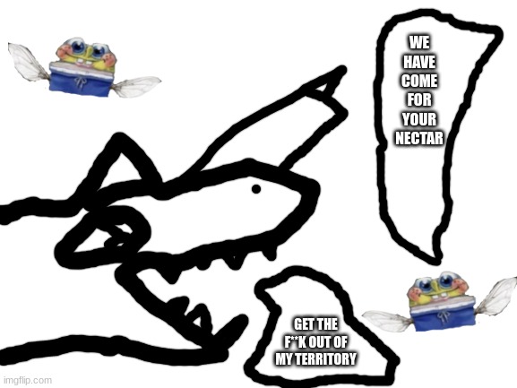 Alex the Allo vs Spongeflies | WE HAVE COME FOR YOUR NECTAR; GET THE F**K OUT OF MY TERRITORY | image tagged in blank white template | made w/ Imgflip meme maker