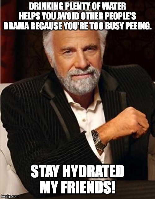 Hydration Tip | DRINKING PLENTY OF WATER HELPS YOU AVOID OTHER PEOPLE'S DRAMA BECAUSE YOU'RE TOO BUSY PEEING. STAY HYDRATED MY FRIENDS! | image tagged in i don't always | made w/ Imgflip meme maker