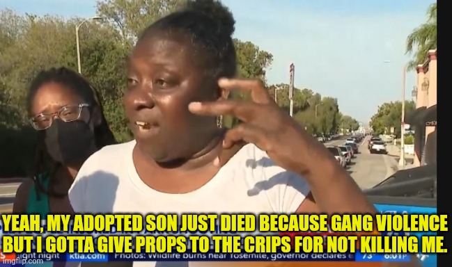 A leftist Democrats Kid killed by gang violence... And doesn't care | YEAH, MY ADOPTED SON JUST DIED BECAUSE GANG VIOLENCE BUT I GOTTA GIVE PROPS TO THE CRIPS FOR NOT KILLING ME. | image tagged in democrats,gang,morality | made w/ Imgflip meme maker