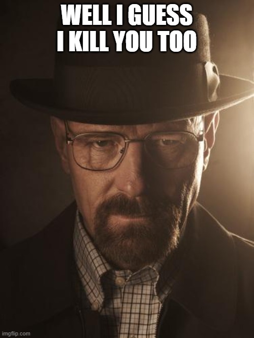 Walter White | WELL I GUESS I KILL YOU TOO | image tagged in walter white | made w/ Imgflip meme maker