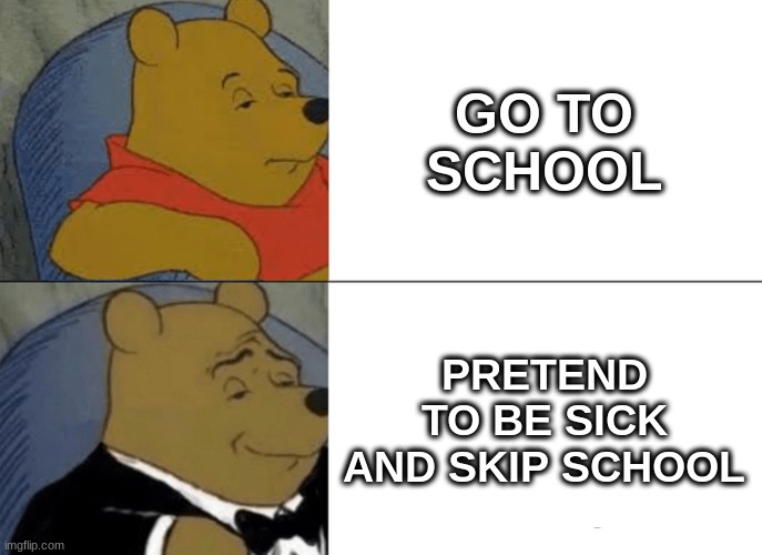 School | GO TO SCHOOL; PRETEND TO BE SICK AND SKIP SCHOOL | image tagged in memes,tuxedo winnie the pooh,school | made w/ Imgflip meme maker