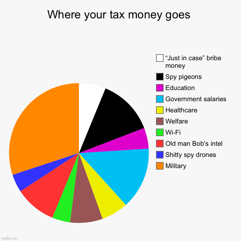 Where your tax money goes (USA) | Where your tax money goes | Military, Shitty spy drones, Old man Bob’s intel, Wi-Fi , Welfare, Healthcare, Government salaries, Education, S | image tagged in pie charts,politics,taxes,funny,memes,funny memes | made w/ Imgflip chart maker