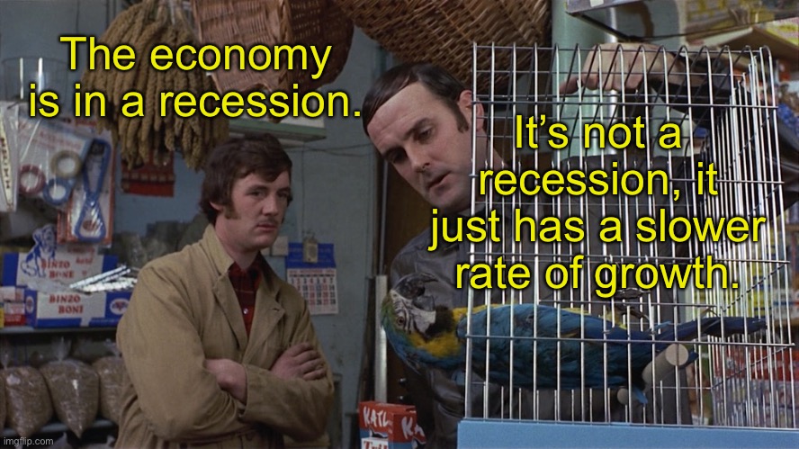 Monty Python Dead Parrot take on the economy |  The economy is in a recession. It’s not a recession, it just has a slower rate of growth. | image tagged in economy | made w/ Imgflip meme maker