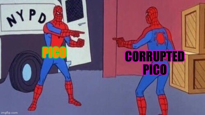 spiderman pointing at spiderman | PICO CORRUPTED PICO | image tagged in spiderman pointing at spiderman | made w/ Imgflip meme maker