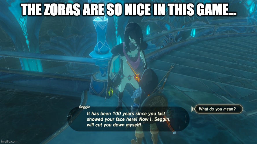 THE ZORAS ARE SO NICE IN THIS GAME... | image tagged in the legend of zelda breath of the wild,zelda,npc meme,npc,kindness | made w/ Imgflip meme maker
