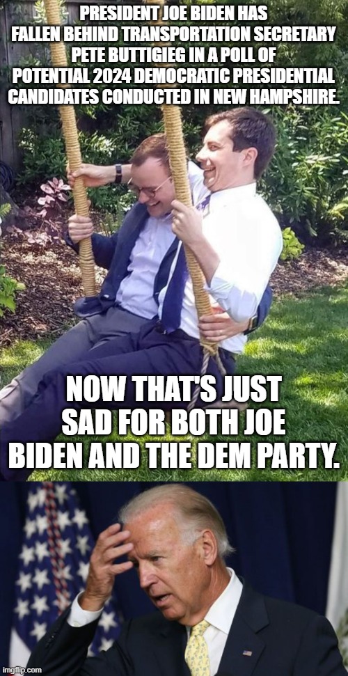 You just can't make this stuff up. | PRESIDENT JOE BIDEN HAS FALLEN BEHIND TRANSPORTATION SECRETARY PETE BUTTIGIEG IN A POLL OF POTENTIAL 2024 DEMOCRATIC PRESIDENTIAL CANDIDATES CONDUCTED IN NEW HAMPSHIRE. NOW THAT'S JUST SAD FOR BOTH JOE BIDEN AND THE DEM PARTY. | image tagged in pete buttigieg swing | made w/ Imgflip meme maker