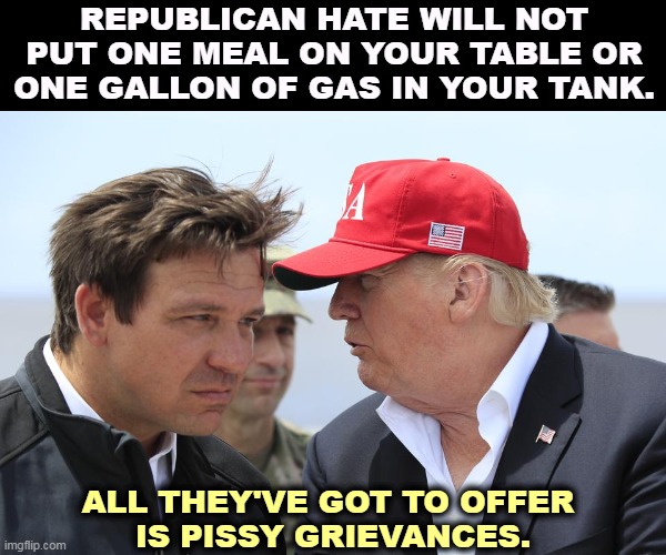 Last year's garbage and next year's garbage. |  REPUBLICAN HATE WILL NOT PUT ONE MEAL ON YOUR TABLE OR ONE GALLON OF GAS IN YOUR TANK. ALL THEY'VE GOT TO OFFER 
IS PISSY GRIEVANCES. | image tagged in trump and desantis,republican,general grievous,whining,empty,anger | made w/ Imgflip meme maker