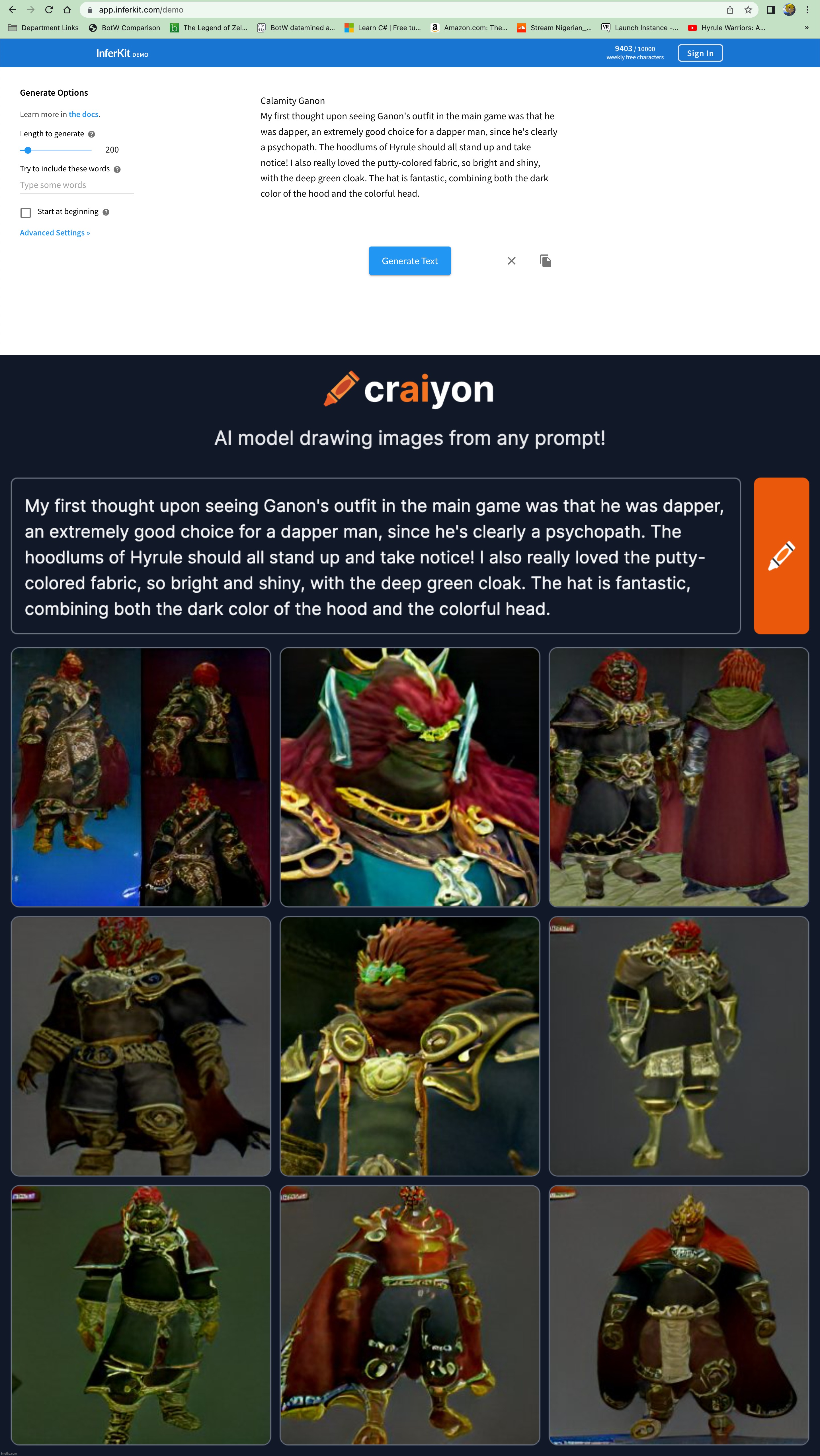 So I used 2 AIs to make this | image tagged in craiyon,inferkit,ai,ai meme,ganondorf | made w/ Imgflip meme maker