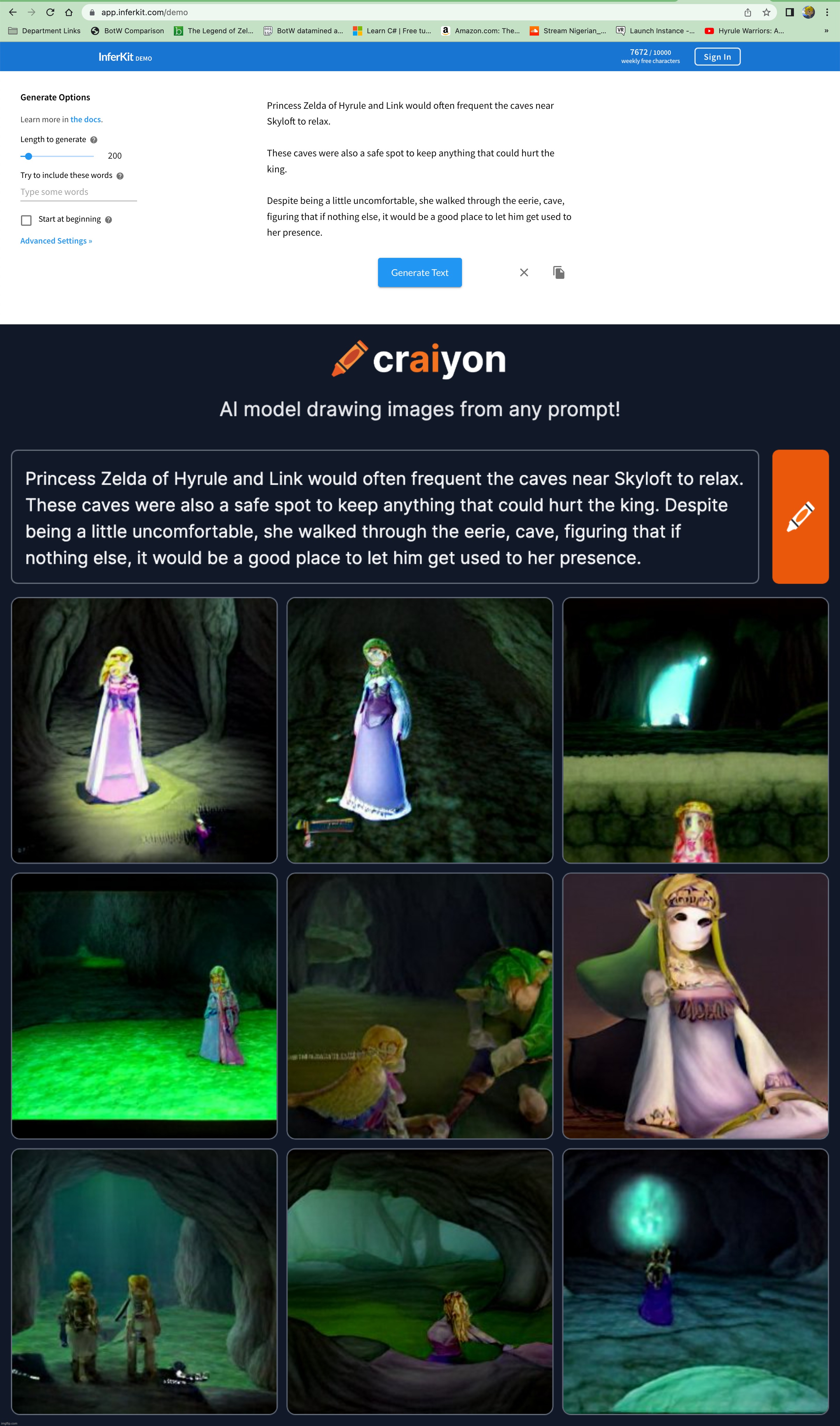 Princess Zelda of Hyrule and Link would often frequent the caves near Skyloft to relax.  These caves were also a safe spot to ke | image tagged in craiyon,inferkit,ai meme,drawing,zelda,link | made w/ Imgflip meme maker