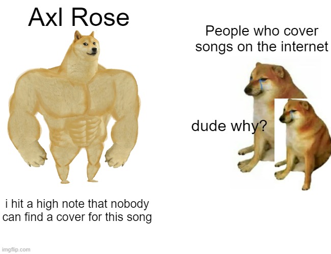 Buff Doge vs. Cheems | Axl Rose; People who cover songs on the internet; dude why? i hit a high note that nobody can find a cover for this song | image tagged in memes,buff doge vs cheems | made w/ Imgflip meme maker