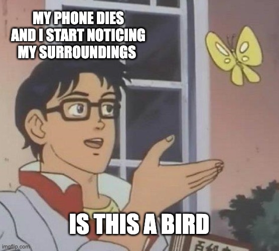 Relatable? | MY PHONE DIES AND I START NOTICING MY SURROUNDINGS; IS THIS A BIRD | image tagged in memes,is this a pigeon | made w/ Imgflip meme maker